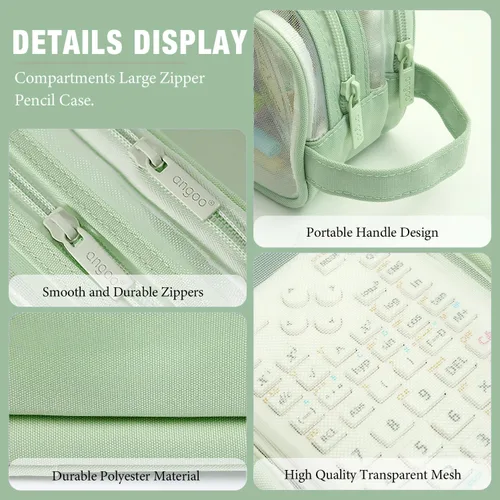 Vista 8 de Estuche grande de malla de malla con 2 compartimentos, bolsa transparente para lápices con cremallera, bolsa de papelería transparente multifunción
