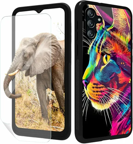 Vista 107 de for Samsung Galaxy A17 5G Phone Case 6.7" with Screen Protector Slim Tempered Glass Back Cover A Purple Cat Design Shockproof Protective Case for