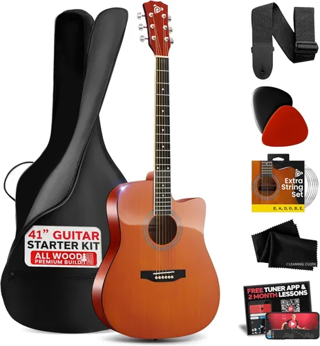 Vista 8 de Pyle Kit de guitarra acústica de cuerdas de acero, 4/4 de tamaño completo con corte, guitarra acústica totalmente de madera con juego de accesorios