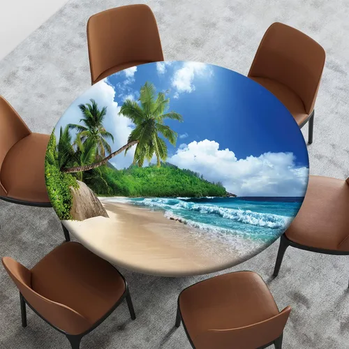 Vista 8 de Cubierta redonda con diseño de playa, borde elástico, picnic al aire libre, patio, fiesta o comedor interior, decoración de mesas de comedor, azul