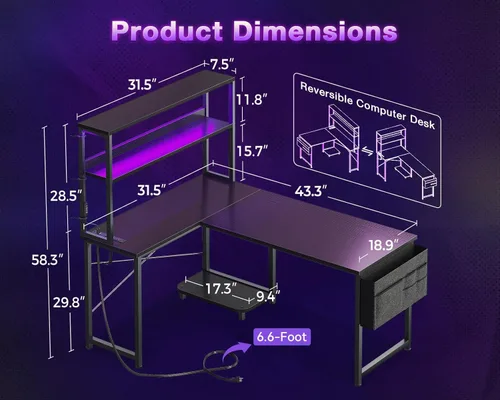 Vista 3 de ODK Escritorio en forma de L de 43 pulgadas con iluminación LED, escritorio reversible para juegos con tomas de corriente, mesa de computadora