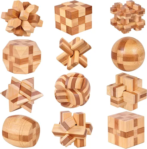 VolksRose 12 piezas de rompecabezas de madera para ejercitar el cerebro, juegos de rompecabezas de desafío de coeficiente intelectual, juguete de