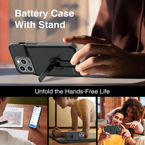 Vista 2 de GIN FOXI Funda de batería para iPhone 14 Pro Max/14 Plus/13 Pro Max/12 Pro Max, funda de carga recargable con soporte de 8000 mAh, funda portátil