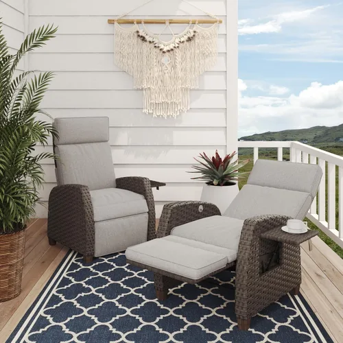 Grand Patio - Sillas reclinables para exteriores con reposapiés extendido de 2 piezas ajustables de mimbre para patio, reclinable de salón hasta