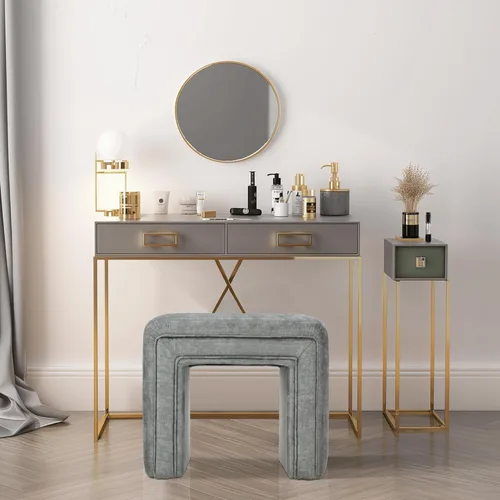 Vista 2 de Get Set Style Taburete de tocador, moderno taburete otomano de terciopelo con patas de madera, sofá banco, reposapiés, asiento adicional