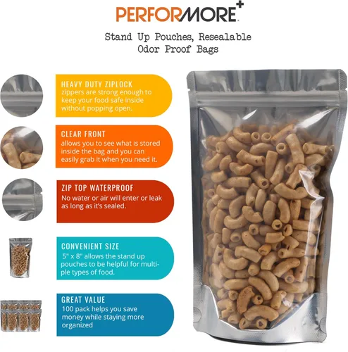 Vista 2 de Performore Bolsas de pie de 5 x 8 pulgadas, bolsas resellables con cierre hermético para almacenamiento de alimentos, bolsas de Mylar resistentes