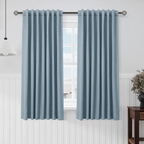Vista 120 de Cortinas de lino verde aguamarina de 102 pulgadas de largo con pestaña trasera, bolsillo para barra, cortinas de lino opacas que absorben el sonido