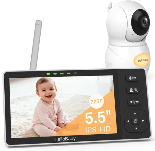 HelloBaby Monitor de bebé de video HD de 5.5 pulgadas con cámara de 1080P, sin WiFi, seguridad a prueba de hackeos y rango de 1000 pies, panorámica