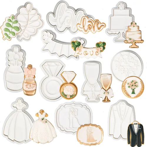 Vista 28 de Flycalf Juego de 11 cortadores de galletas de amor con sello 3D de ácido poliláctico (PLA) para cocina, pastel, vestido de boda, formas de anillo
