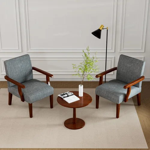 Vista 8 de Juego de 2 sillas decorativas con mesa a juego, sillas laterales tapizadas de lino de madera maciza para sala de estar, dormitorio, sala de espera