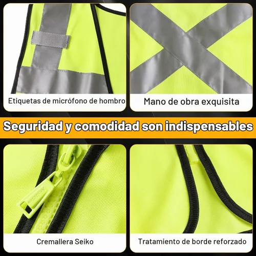 Vista 4 de Chaleco de seguridad clase 2 con cremallera frontal y múltiples bolsillos, chaleco de alta visibilidad, cumple con las normas ANSI/ISEA Amarillo