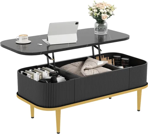 Vista 7 de Lift Top Coffee Tables for Living Room, Mid Century Modern Fluted Coffee Table with Storage, Rectangle Center Table with Faux Marble Flip-Top, Small