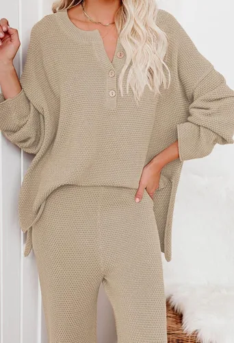 Vista 5 de Viottiset Conjunto deportivo de 2 piezas para mujer suéter de punto de manga larga pantalones de pierna ancha ropa de descanso