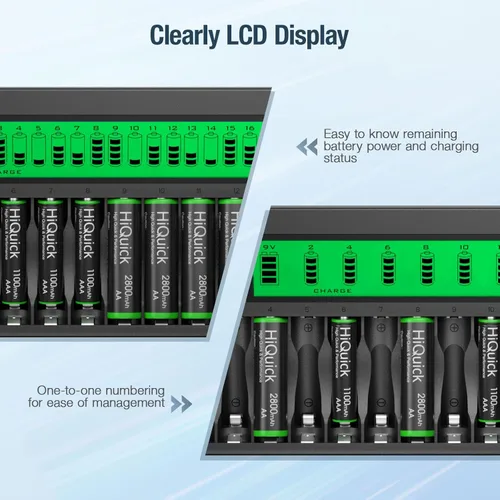 Vista 6 de HiQuick Cargador de batería AA AAA 9V de 16+2 bahías, carga rápida para baterías recargables NiMH NiCD, 2 ranuras de carga separadas para batería