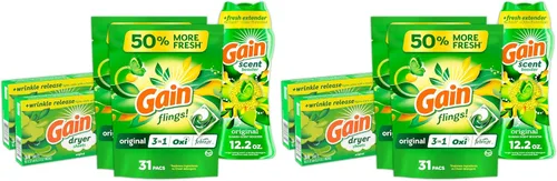 Vista 11 de Gain Paquete de lavandería: paquetes de detergente para ropa Gain Flings (2 x 35 quilates), hojas de secadora (2 x 34 ct), perlas de refuerzo