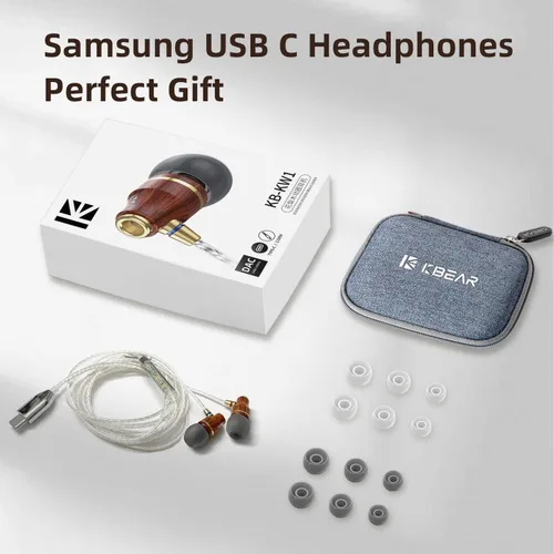 Vista 6 de KBEAR KW1 - Auriculares USB tipo C con micrófono y control de volumen, auriculares con cable de madera con dinámica intensa, OFC plateado cable DAC