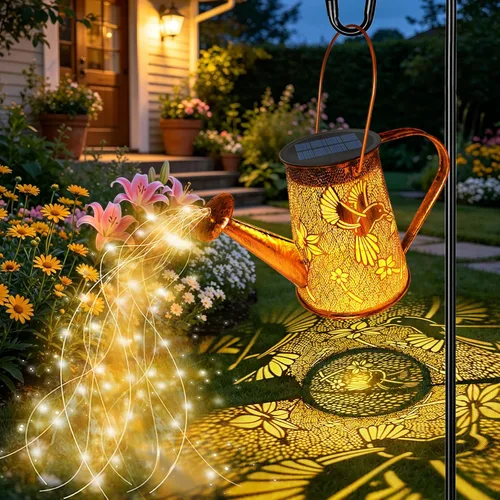 Vista 16 de VOOKRY - Regadera solar con luces, linternas solares grandes para colgar al aire libre, impermeable, decoración de jardín para el patio, césped