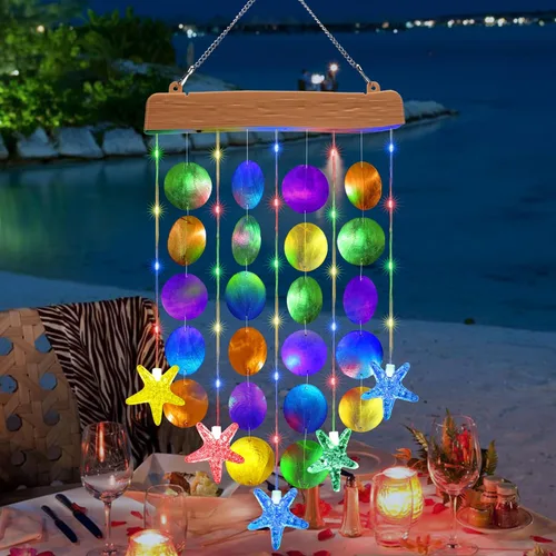 Vista 8 de Toodour Campanas de viento solares para exteriores, regalos de cumpleaños para mujeres, mamá, abuela, impermeables, 2 modos, conchas, luces solares
