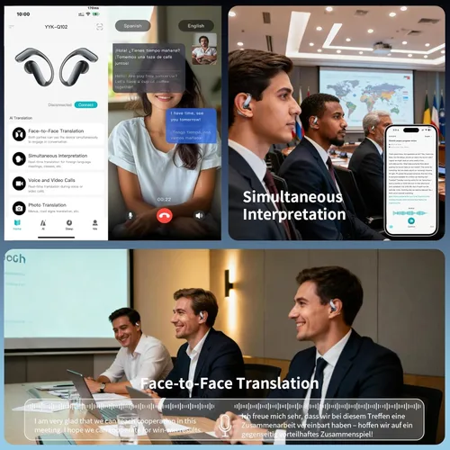 Vista 7 de Auriculares de traducción Bluetooth 4 en 1, traductor en tiempo real de 164 idiomas del mundo/no requiere suscripción; graves potentes+respuesta
