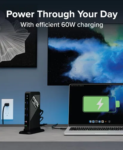 Vista 4 de Plugable Base USB-C con HDMI 4K y carga de 60 W, compatible con Thunderbolt 3/4, USB4 y USB C macOS, Windows y Chromebook Ethernet de 1 Gbps, 3 USB