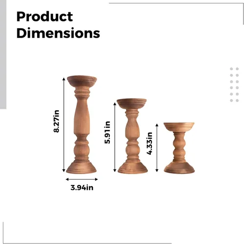 Vista 3 de Juego de 3 portavelas de madera, soportes de pilar rústicos de granja, soportes decorativos marrones para velas grandes