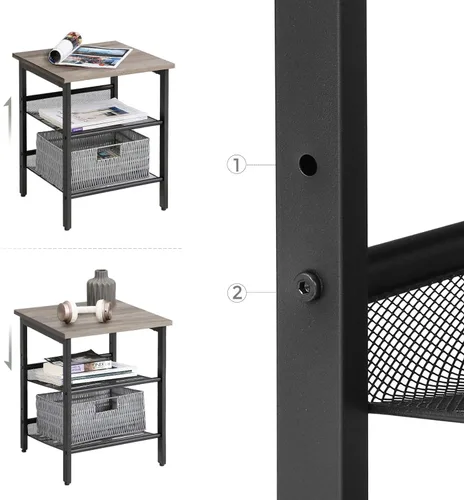 Vista 7 de VASAGLE INDESTIC - Mesa auxiliar, mesita de noche con 2 estantes de malla ajustables, mesa auxiliar industrial para sala de estar, marco de metal