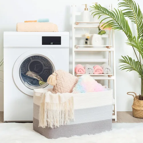 Vista 2 de MINTWOOD Design Canasta de manta extra grande de 22 pulgadas para sala de estar, canasta de almacenamiento tejida de cuerda rectangular con asas