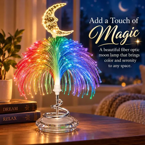 Vista 2 de BANBERRY DESIGNS Lámpara de luna de fibra óptica: luz LED de escritorio que cambia de color, luz nocturna a pilas, lámpara decorativa de fibra