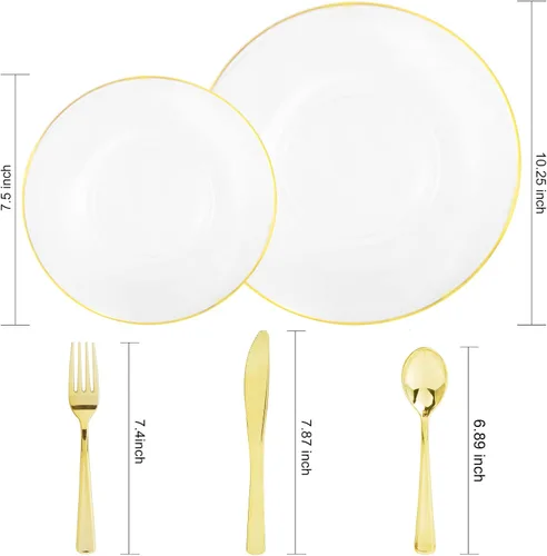 Vista 4 de Nervure 125 platos de plástico dorado transparente con borde dorado, 100 servilletas de papel blanco y dorado, servilletas desechables para bodas