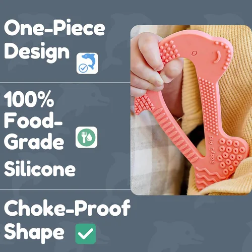 Vista 4 de Mordedor de silicona para bebé, delfín, 8 texturas de alivio de la dentición, 100% grado alimenticio, fácil de sostener y sin BPA para bebés