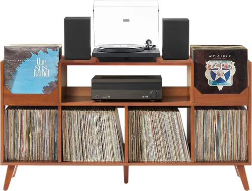 Crosley Furniture Asheville XL Mid-Century Modern - Soporte para tocadiscos, almacenamiento de discos de vinilo, consola multimedia, nogal