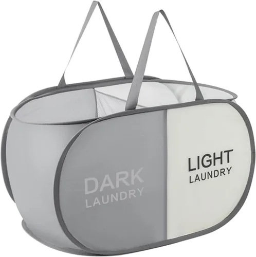 Vista 12 de Cestas de lavandería plegables con 2 compartimentos, negro + Begie Cesta plegable para ropa sucia reforzada y duradera para el hogar, lavandería