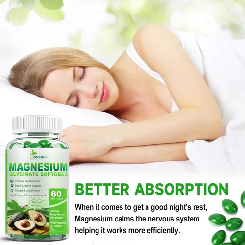 Vista 5 de Glicinato de magnesio 400 mg, suplementos de magnesio de alta absorción cápsulas blandas con vitamina E, B6, zinc para dormir, calma, relajación