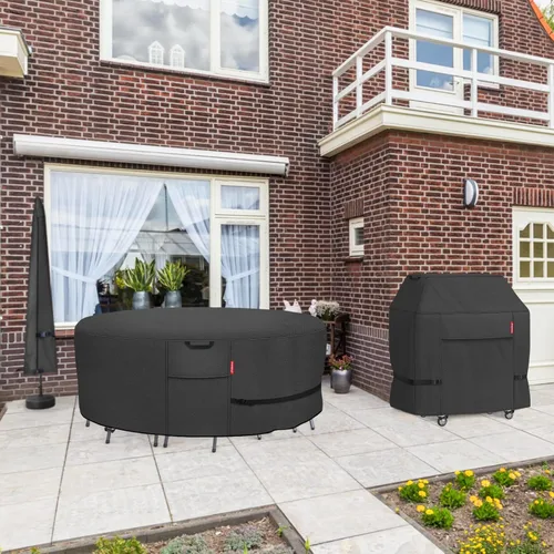 Vista 6 de Porch Shield - Funda redonda para muebles de patio, impermeable 600D de uso pesado para mesa y sillas al aire libre, 62 pulgadas, negra