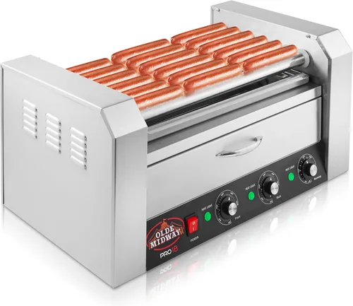 Olde Midway Máquina eléctrica de 18 Hot Dog con 7 rodillos para parrilla con cajón de calentamiento de bollo, grado comercial, acero inoxidable