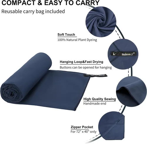 Vista 3 de Toalla de microfibra Rainleaf perfecta para viajes y gimnasio y camping. Secado rápido - Super absorbente - Ultra compacta - Liviana. Adecuada