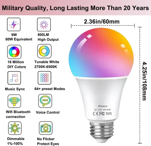 Vista 2 de Vinaco Bombilla LED inteligente A19 de 9 W, 800 lm, equivalente a 60 W, bombilla RGB que cambia de color, funciona con Alexa y Google Assistant