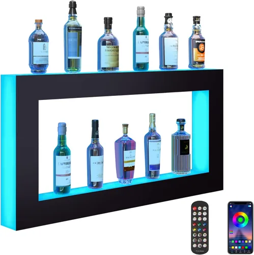 Vista 14 de VEVOR Exhibidor de Botellas de Licor con Iluminación LED, 3 Niveles de 40 Pulgadas, Compatible con USB, Estante de Bar Iluminado para el Hogar