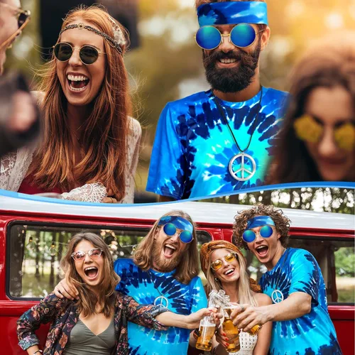 Vista 4 de Berlune 4 Pcs 60s 70s Hippie Outfits for Men Hippie Costume Tie Dye TShirts Disco Outfit Halloween Costume