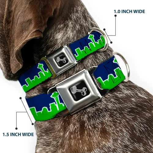 Vista 2 de Collar de perro hebilla de cinturón de seguridad Seattle Skyline azul marino verde brillante 13 a 18 pulgadas 1.5 pulgadas de ancho