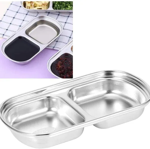 Vista 4 de esowemsn 2 platos de acero inoxidable para salsa plateada, 2 compartimentos, cuencos de soya para sushi, condimentos, bandeja para servir