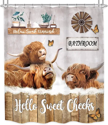 Vista 6 de LGhtyro Juego de cortina de ducha rústica de vaca de las montañas de 60 pulgadas de ancho x 71 pulgadas de alto, diseño de animales divertidos