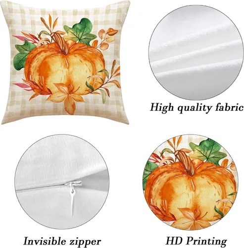 Vista 4 de Fundas de almohada de otoño de 18 x 18 pulgadas, diseño de acuarela naranja, calabaza, búfalo, hojas a cuadros, funda de almohada decorativa