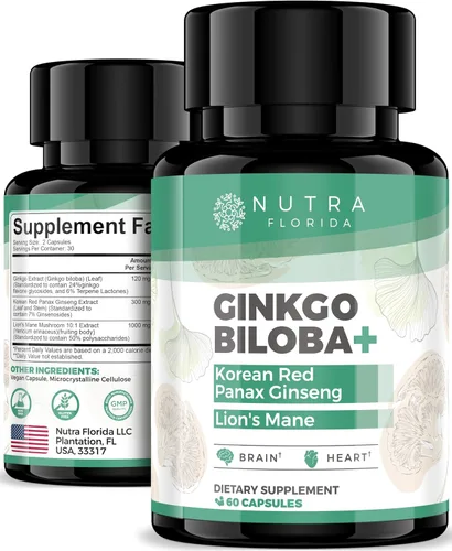 Ginkgo Biloba Supplements 120mg with Korean Red Ginseng 300mg & Lion's Mane Mushroom 1000mg Vegetarian Capsules Non-GMO & Gluten Free Natural Brain