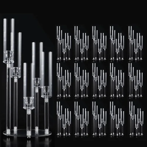 Vista 19 de Centro de mesa de candelabro acrílico para mesa, 5 brazos, candelabros transparentes, soportes para centro de mesa de boda, para fiesta, baby