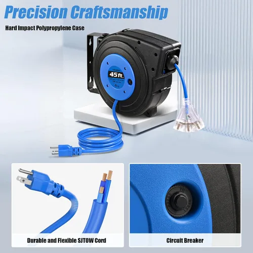 Vista 6 de SURAIELEC Carrete de cable de extensión retráctil de calibre 12, cable de alimentación resistente SJTOW de 45 pies 12 AWG/3C, 3 salidas de triple