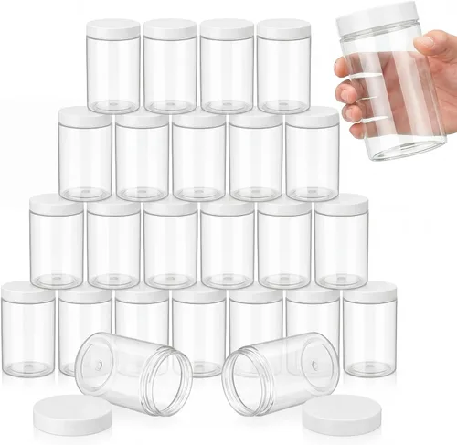 Vista 30 de SATINIOR 24 frascos de plástico transparente vacíos con tapas, recipientes de almacenamiento redondos de boca ancha para productos de belleza