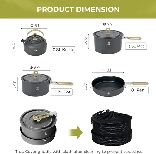 Vista 6 de Alocs Camping Cookware Set - Lightweight Camping Pots and Pans - Portable Outdoor Cookware with Kettle - Camping Cookware Mess Kit for 2