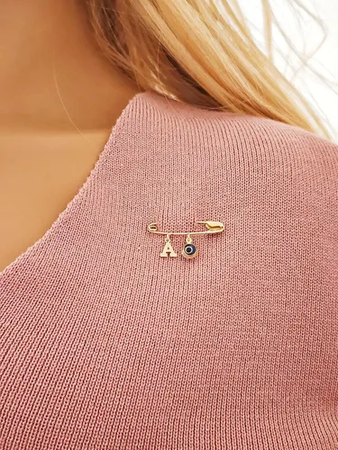 Vista 2 de 14k. Yellow Gold Baby Safety Pin Evil Eye & Initial Charms/Christening/Baptism/NOT Gold Filled NOT Gold Plated