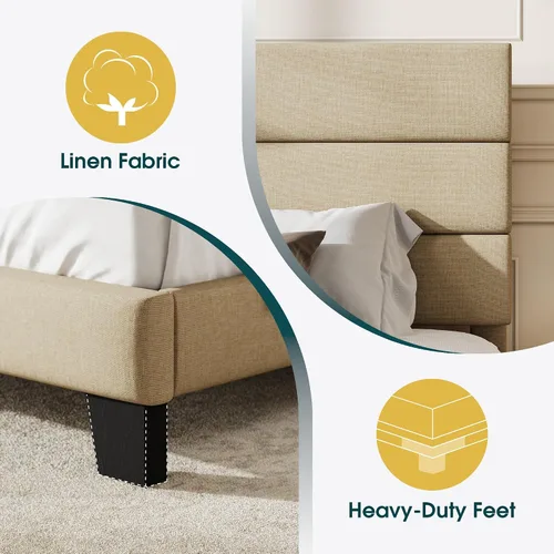 Vista 5 de WEEWAY Base de cama tamaño individual con cabecera tapizada de tela de lino y soporte de listones de madera, base de colchón resistente, no necesita